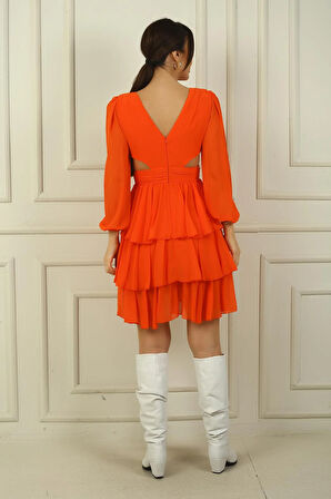 Kadın Ön Arka V Yaka Bel Dekolteli Astarlı Katlı Şifon Kısa Elbise