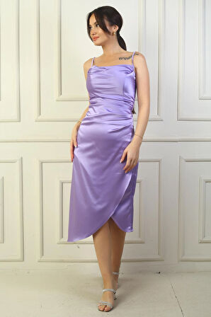 Kadın İp Askılı Drapeli Astarlı Asimetrik Midi Elbise