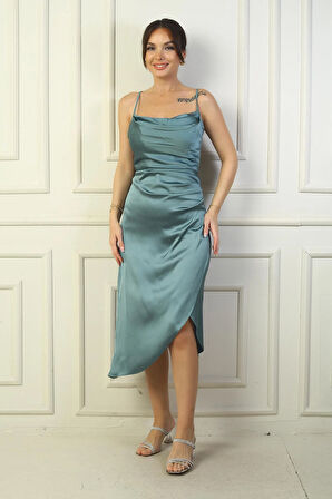 Kadın İp Askılı Drapeli Astarlı Asimetrik Midi Elbise