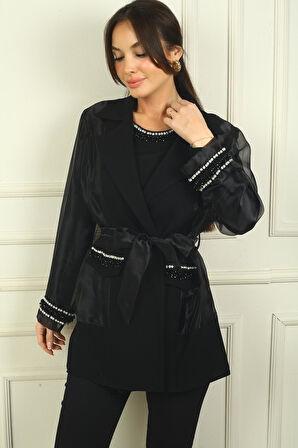 Kadın Organze Taş Boncuk Detaylı Kuşaklı Ceket Bluz 2'li Takım