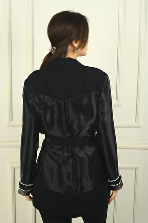 Kadın Organze Taş Boncuk Detaylı Kuşaklı Ceket Bluz 2'li Takım