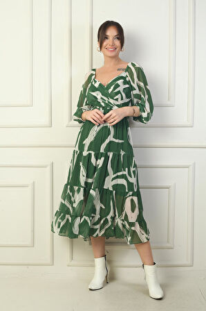 Madonna Yaka Astarlı Çapraz Bağlamalı Soyut Desen Kruvaze Şifon Elbise