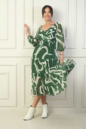 Madonna Yaka Astarlı Çapraz Bağlamalı Soyut Desen Kruvaze Şifon Elbise