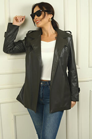 Kadın Devrik Yaka BeliKuşaklı Astarlı Yandan Cepli Deri Trenç Ceket