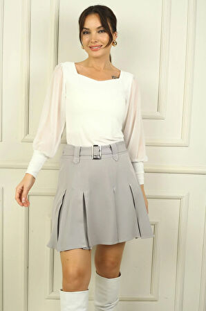 Kadın Beli Kemerli Pileli Kısa Etek