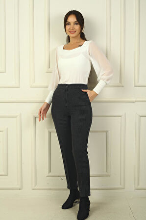 Kadın Beli Lastikli Cepli Boyuna Çizgili Dar Paça Pantolon