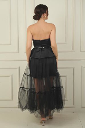 Kadın Straplez Eteği Tül Üstü Saten Astarlı Kemerli Elbise