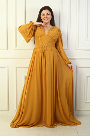 Önden Bağcıklı Balenli Astarlı Uzun Şifon Elbise