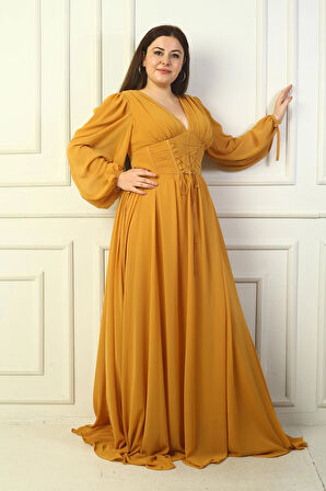 Önden Bağcıklı Balenli Astarlı Uzun Şifon Elbise