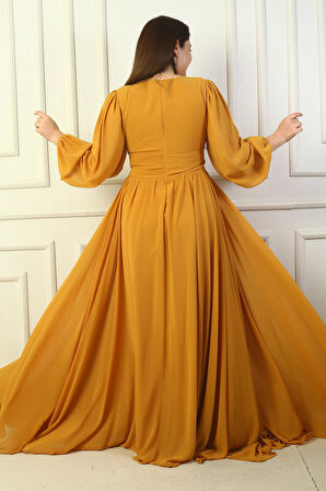 Önden Bağcıklı Balenli Astarlı Uzun Şifon Elbise