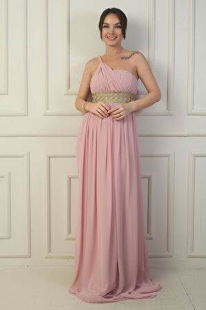 Kadın Tek Omuz Askılı Önü Hasır Astarlı Şifon Uzun Elbise