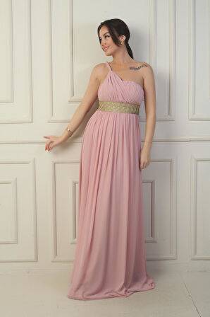 Kadın Tek Omuz Askılı Önü Hasır Astarlı Şifon Uzun Elbise