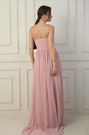 Kadın Tek Omuz Askılı Önü Hasır Astarlı Şifon Uzun Elbise