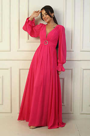 Kadın V Yaka Beli Tokalı Astarlı Şifon Uzun Abiye Elbise