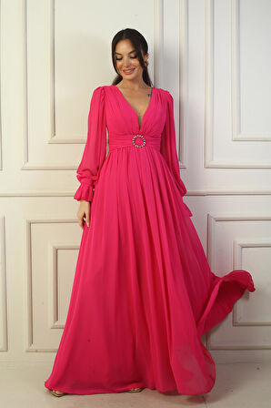 Kadın V Yaka Beli Tokalı Astarlı Şifon Uzun Abiye Elbise