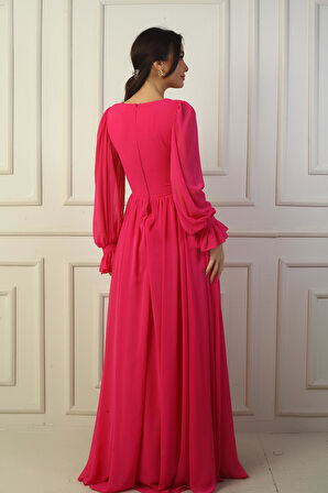 Kadın V Yaka Beli Tokalı Astarlı Şifon Uzun Abiye Elbise