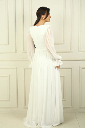 Kadın V Yaka Beli Tokalı Astarlı Şifon Uzun Abiye Elbise