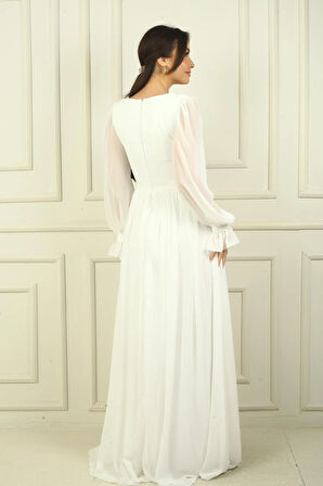 Kadın V Yaka Beli Tokalı Astarlı Şifon Uzun Abiye Elbise