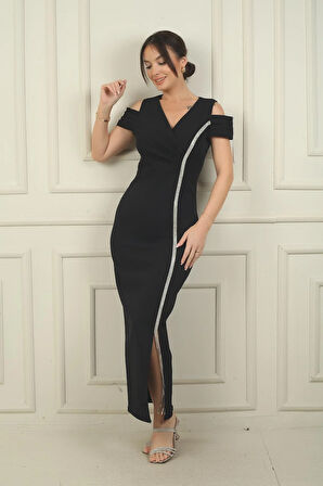 Kadın V Yaka Düşük Kollu Önü Büzgülü Parlak Şerit Detaylı Uzun Krep Elbise