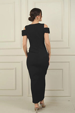 Kadın V Yaka Düşük Kollu Önü Büzgülü Parlak Şerit Detaylı Uzun Krep Elbise