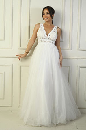 Kadın V Yaka Kalın Askılı Astarlı  Üstü Dantel İşleme Tül Uzun Prenses Abiye Elbise