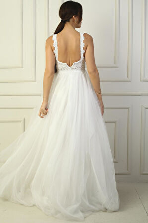 Kadın V Yaka Kalın Askılı Astarlı  Üstü Dantel İşleme Tül Uzun Prenses Abiye Elbise