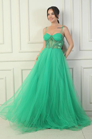 Kadın İp Askılı astarlı Göğüs Pliseli Boncuk İşlemeli Uzun Prenses Elbise