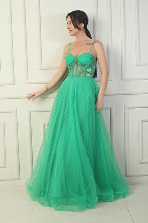 Kadın İp Askılı astarlı Göğüs Pliseli Boncuk İşlemeli Uzun Prenses Elbise