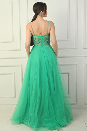 Kadın İp Askılı astarlı Göğüs Pliseli Boncuk İşlemeli Uzun Prenses Elbise