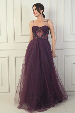 Kadın İp Askılı astarlı Göğüs Pliseli Boncuk İşlemeli Uzun Prenses Elbise