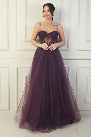 Kadın İp Askılı astarlı Göğüs Pliseli Boncuk İşlemeli Uzun Prenses Elbise