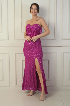 Kadın Straplez Balenli Arkası Bağcıklı Astarlı Yırtmaçlı Pulpayet Uzun Elbise