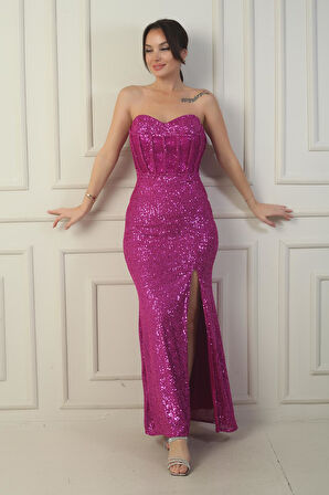 Kadın Straplez Balenli Arkası Bağcıklı Astarlı Yırtmaçlı Pulpayet Uzun Elbise