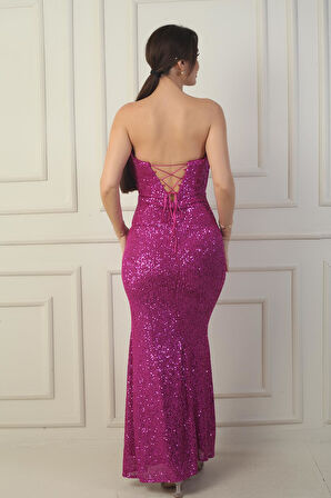 Kadın Straplez Balenli Arkası Bağcıklı Astarlı Yırtmaçlı Pulpayet Uzun Elbise