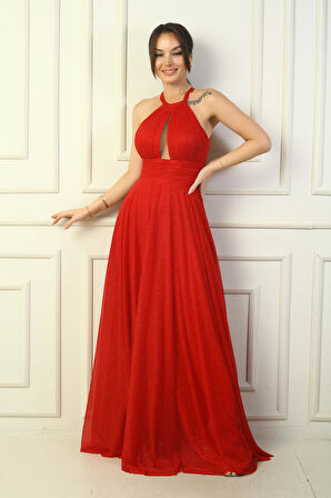 Kadın Halter Yaka Göğüs Pliseli Boyundan Bağlamalı Astarlı Uzun Simli Abiye Elbise