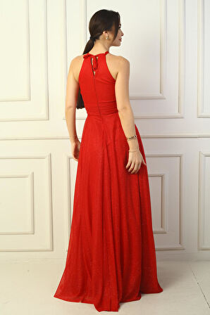 Kadın Halter Yaka Göğüs Pliseli Boyundan Bağlamalı Astarlı Uzun Simli Abiye Elbise