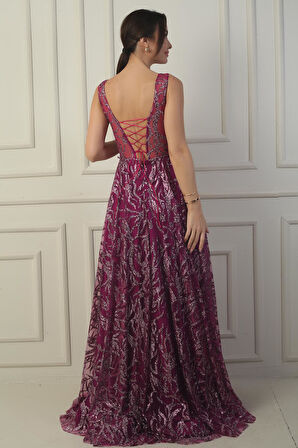 Kadın Ön Arka V Yaka Göğüs Pliseli Arkadan Bağcıklı Astarlı Sim Flok Baskı Uzun Abiye Elbise