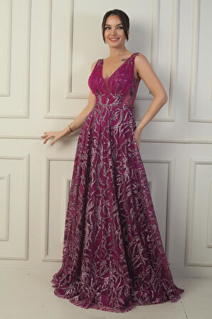 Kadın Ön Arka V Yaka Göğüs Pliseli Arkadan Bağcıklı Astarlı Sim Flok Baskı Uzun Abiye Elbise