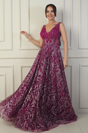 Kadın Ön Arka V Yaka Göğüs Pliseli Arkadan Bağcıklı Astarlı Sim Flok Baskı Uzun Abiye Elbise