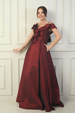 Kadın İp Askılı Kayık Yaka Gül Detaylı Astarlı Cepli Uzun Tafta Abiye Elbise