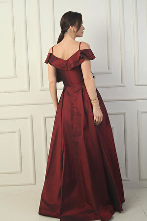 Kadın İp Askılı Kayık Yaka Gül Detaylı Astarlı Cepli Uzun Tafta Abiye Elbise