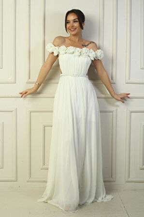 Kadın Yakası Lazer Kesim Çiçek Astarlı Beli Kemerli Uzun Şifon Elbise