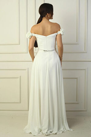 Kadın Yakası Lazer Kesim Çiçek Astarlı Beli Kemerli Uzun Şifon Elbise