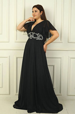 Kadın Ön Arka V Yaka Beli Taş İşlemeli Astarlı Simli Büyük Beden Abiye Elbise