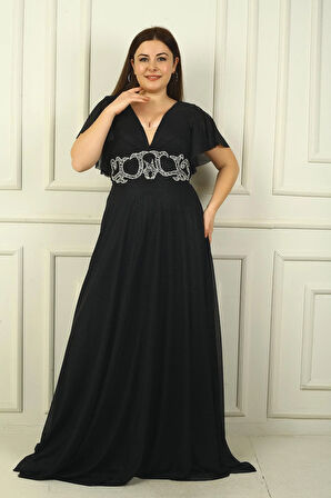 Kadın Ön Arka V Yaka Beli Taş İşlemeli Astarlı Simli Büyük Beden Abiye Elbise