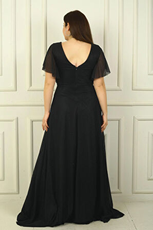 Kadın Ön Arka V Yaka Beli Taş İşlemeli Astarlı Simli Büyük Beden Abiye Elbise