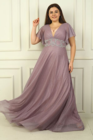 Kadın Ön Arka V Yaka Beli Taş İşlemeli Astarlı Simli Büyük Beden Abiye Elbise