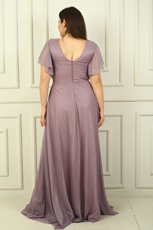 Kadın Ön Arka V Yaka Beli Taş İşlemeli Astarlı Simli Büyük Beden Abiye Elbise