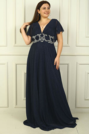 Kadın Ön Arka V Yaka Beli Taş İşlemeli Astarlı Simli Büyük Beden Abiye Elbise