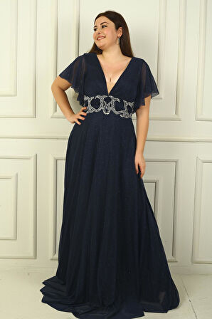 Kadın Ön Arka V Yaka Beli Taş İşlemeli Astarlı Simli Büyük Beden Abiye Elbise